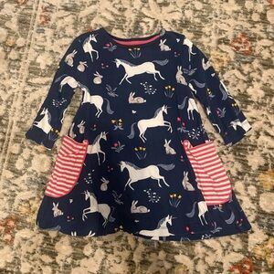 Mini Boden Navy Unicorn Dress with Pink Stripes